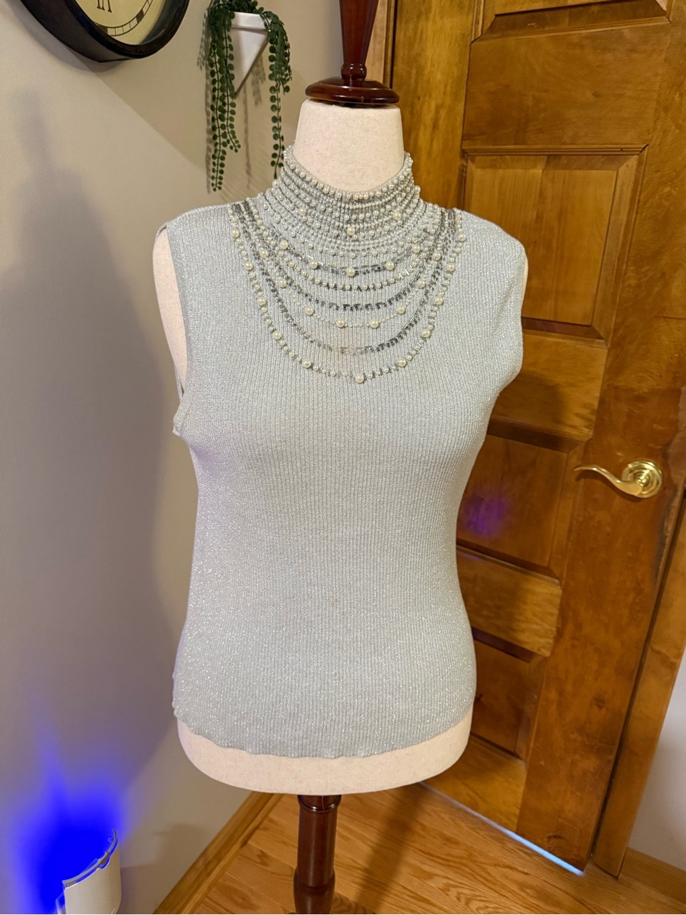 VTG Dressbarn Collection Silver Metallic Knit Top with Beaded Neckline XL